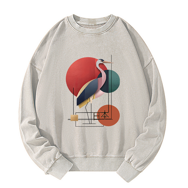 Tokyo-Tiger Geometric Crane Art Washed Sweatshirt