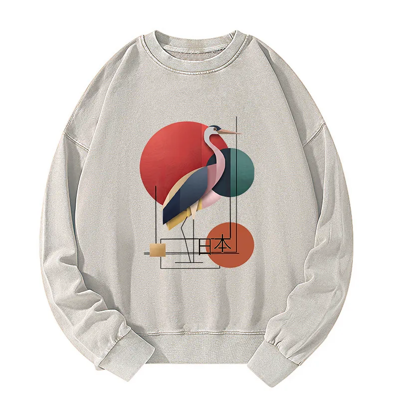 Tokyo-Tiger Geometric Crane Art Washed Sweatshirt