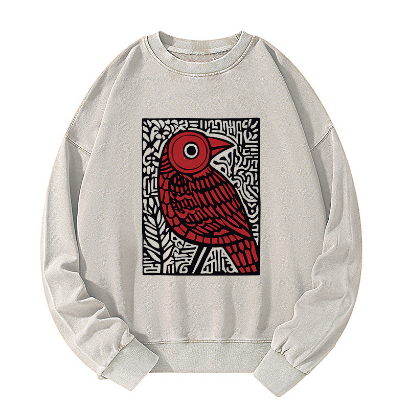 Tokyo-Tiger Retro Woodblock Bird Washed Sweatshirt