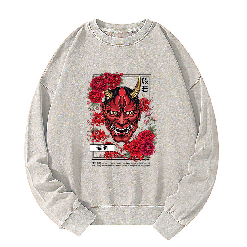 Tokyo-Tiger Cool Oni Floral Art Washed Sweatshirt