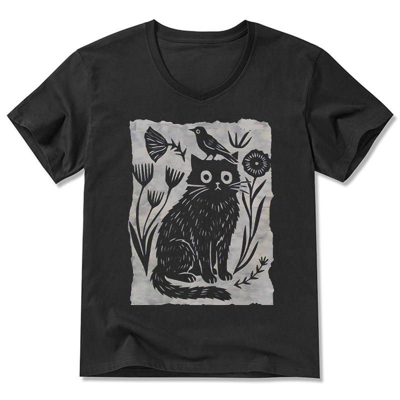 Tokyo-Tiger Folk Paper Cut Cat Bird Floral Art V-Neck Classic T-Shirt