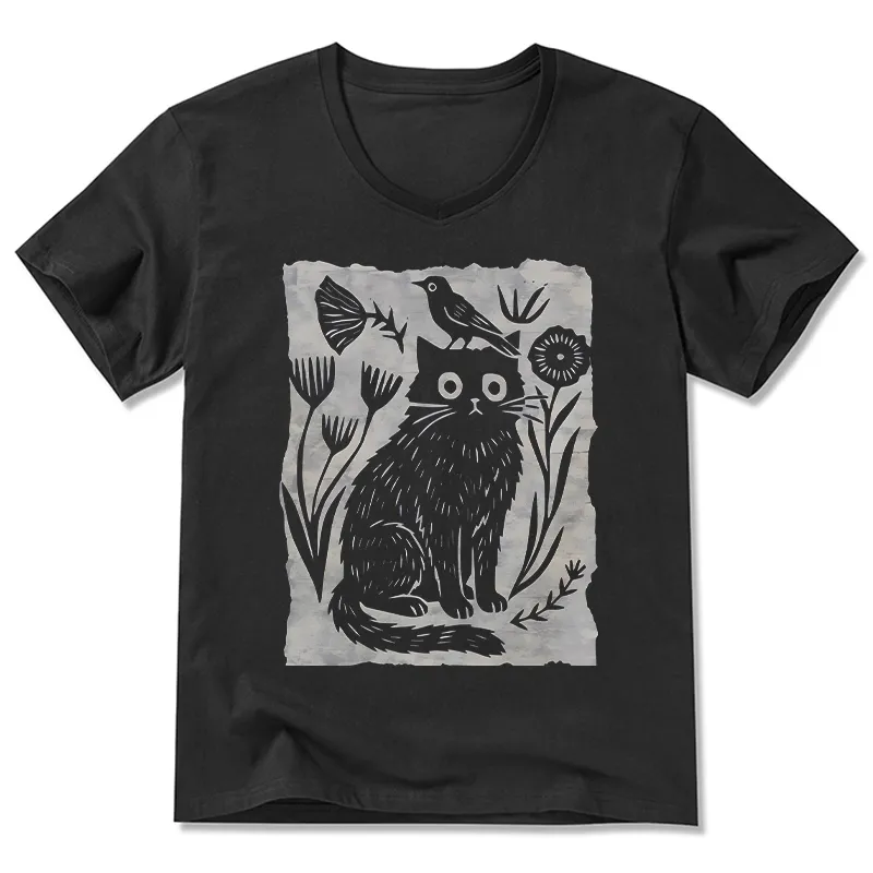 Tokyo-Tiger Folk Paper Cut Cat Bird Floral Art V-Neck Classic T-Shirt