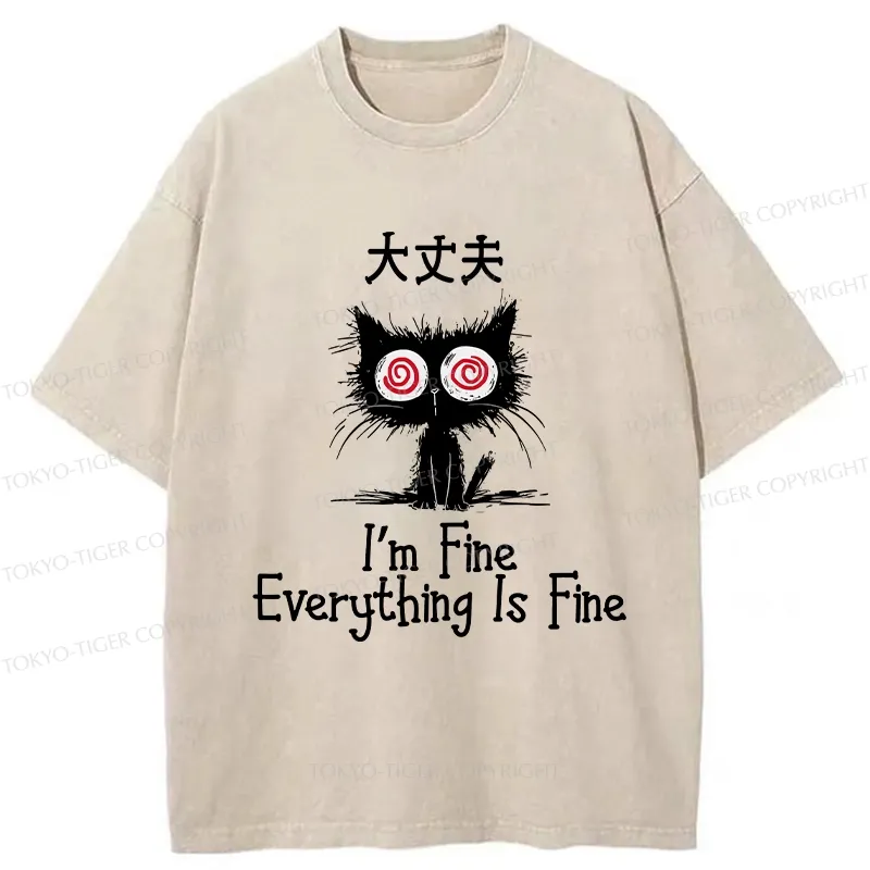 Tokyo-Tiger Everything Is Fine Cat Washed T-Shirt Sale