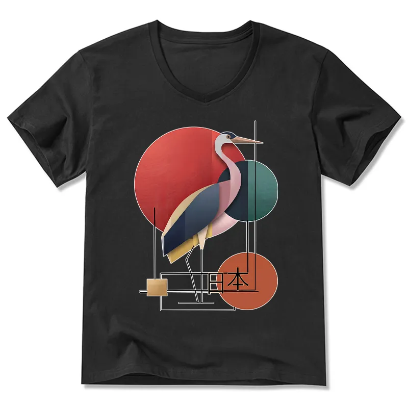 Tokyo-Tiger Geometric Crane Art V-Neck Classic T-Shirt