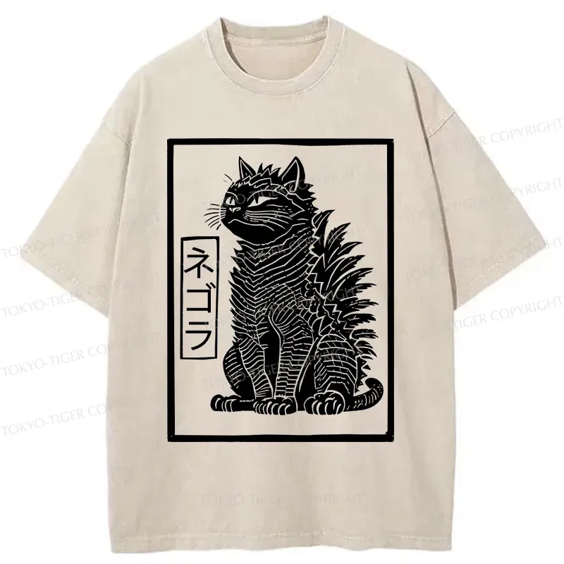 Tokyo-Tiger Fierce Catzilla Funny Washed T-Shirt