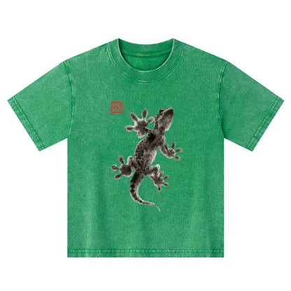 Tokyo-Tiger Minimal Asian Ink Brush Gecko Vibe Kids Washed T-Shirt