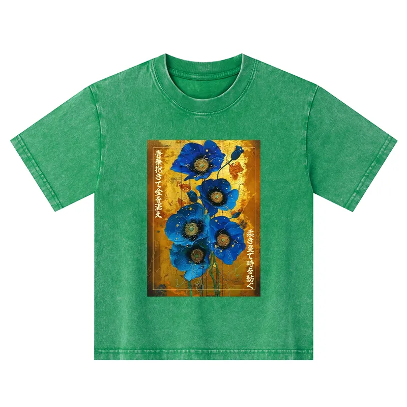 Tokyo-Tiger Shiny Blue Flower Warm Golden Background Kids Washed T-Shirt