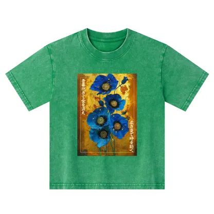 Tokyo-Tiger Shiny Blue Flower Warm Golden Background Kids Washed T-Shirt