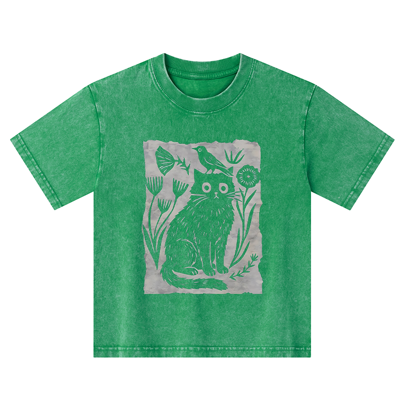 Tokyo-Tiger Folk Paper Cut Cat Bird Floral Art Kids Washed T-Shirt