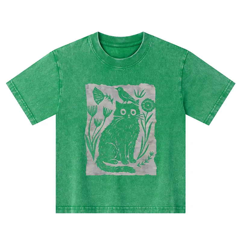 Tokyo-Tiger Folk Paper Cut Cat Bird Floral Art Kids Washed T-Shirt