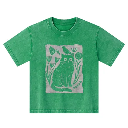 Tokyo-Tiger Folk Paper Cut Cat Bird Floral Art Kids Washed T-Shirt