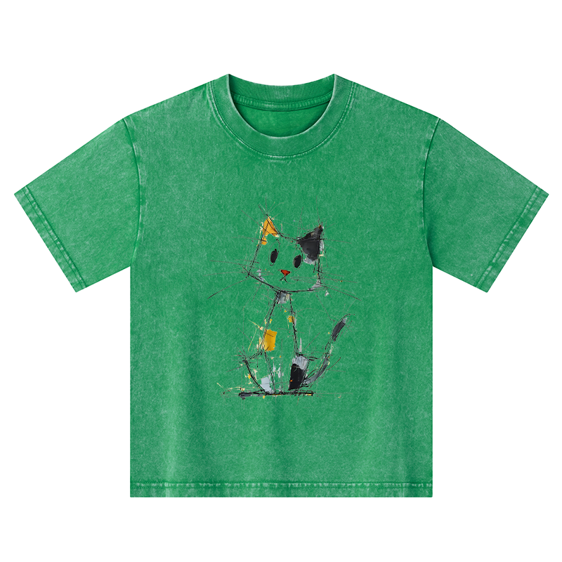 Tokyo-Tiger Minimal Splash Ink Cute Cat Kids Washed T-Shirt