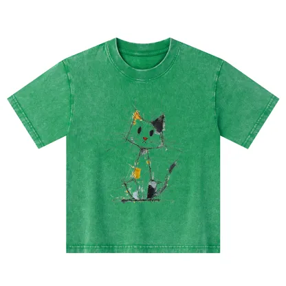 Tokyo-Tiger Minimal Splash Ink Cute Cat Kids Washed T-Shirt