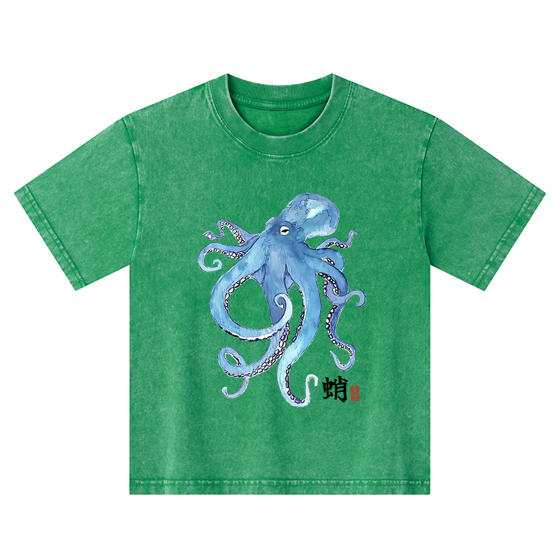 Tokyo-Tiger Watercolor Blue Octopus Kids Washed T-Shirt