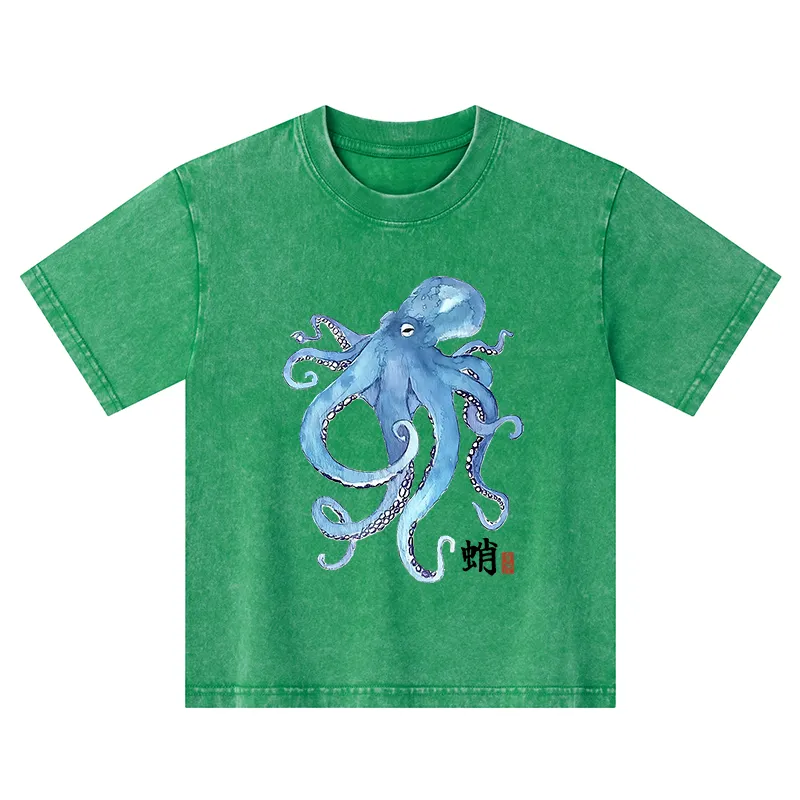 Tokyo-Tiger Watercolor Blue Octopus Kids Washed T-Shirt