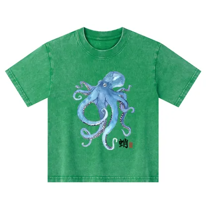 Tokyo-Tiger Watercolor Blue Octopus Kids Washed T-Shirt