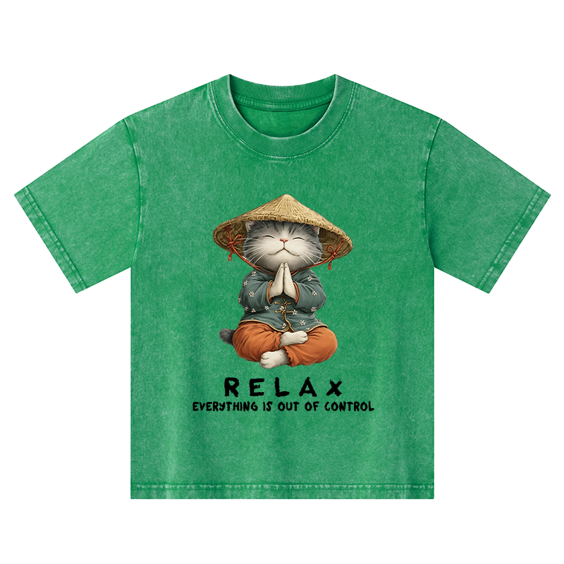 Tokyo-Tiger Zen Relax Cat Graphic Kids Washed T-Shirt