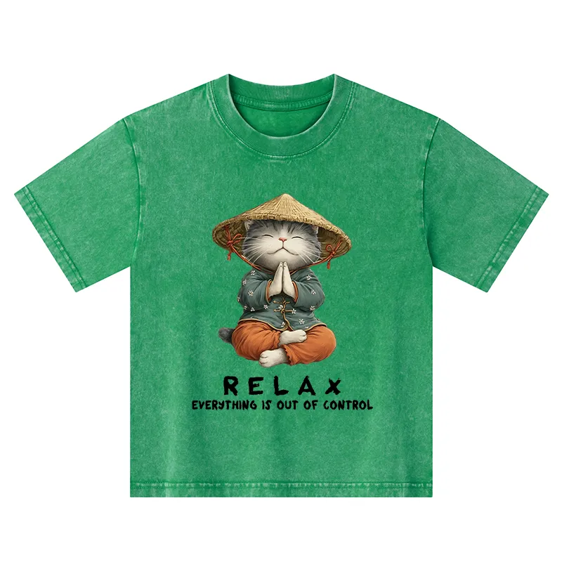 Tokyo-Tiger Zen Relax Cat Graphic Kids Washed T-Shirt Sale