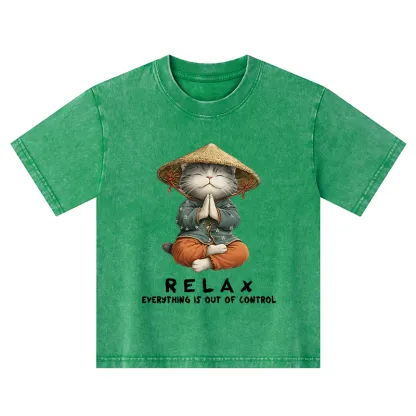 Tokyo-Tiger Zen Relax Cat Graphic Kids Washed T-Shirt