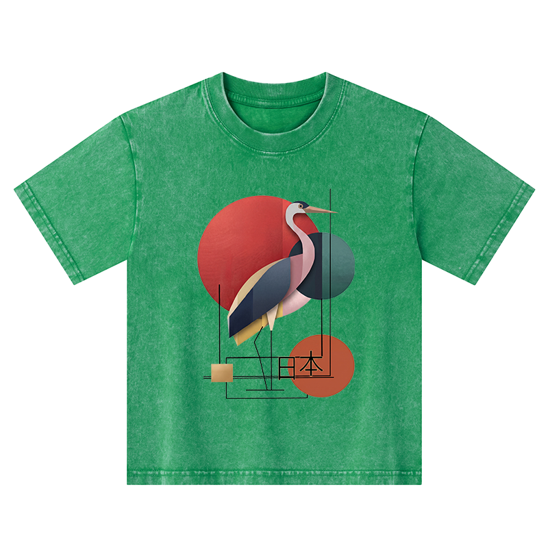 Tokyo-Tiger Geometric Crane Art Kids Washed T-Shirt