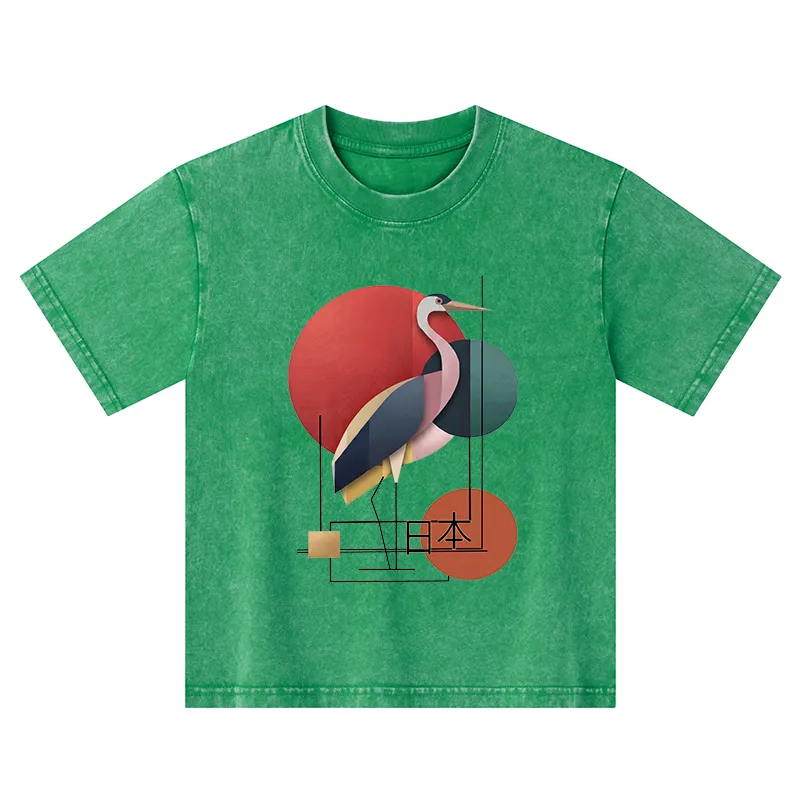 Tokyo-Tiger Geometric Crane Art Kids Washed T-Shirt