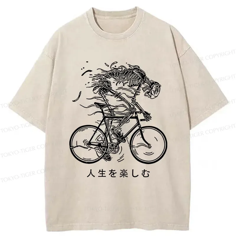 Tokyo-Tiger Skeleton Riding A Bicycle Washed T-Shirt