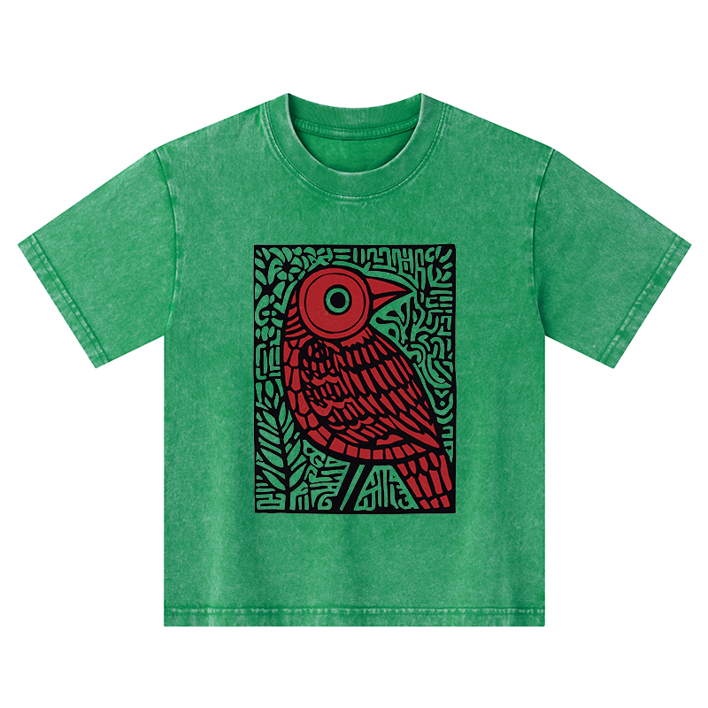 Tokyo-Tiger Retro Woodblock Bird Kids Washed T-Shirt