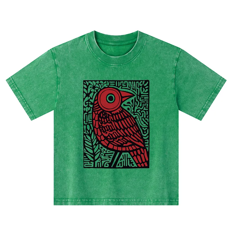 Tokyo-Tiger Retro Woodblock Bird Kids Washed T-Shirt Sale