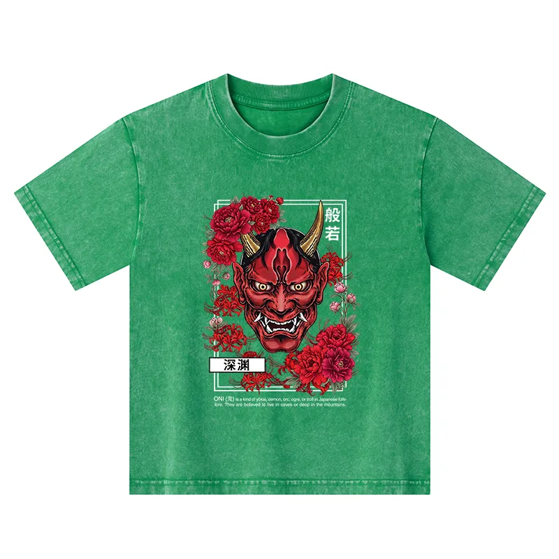 Tokyo-Tiger Cool Oni Floral Art Kids Washed T-Shirt