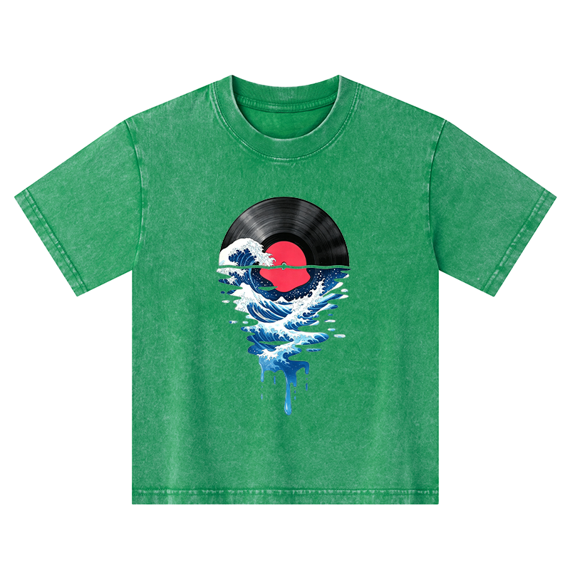 Tokyo-Tiger Vinyl Records And Waves Kids Washed T-Shirt