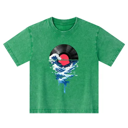 Tokyo-Tiger Vinyl Records And Waves Kids Washed T-Shirt