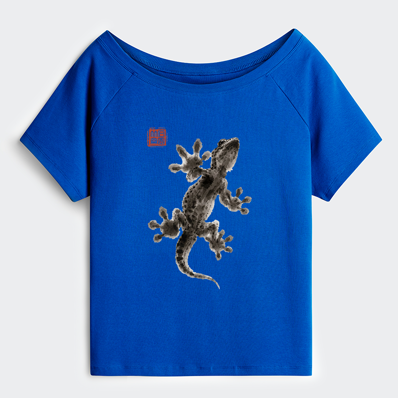 Tokyo-Tiger Minimal Asian Ink Brush Gecko Vibe Off Shoulder T-Shirt