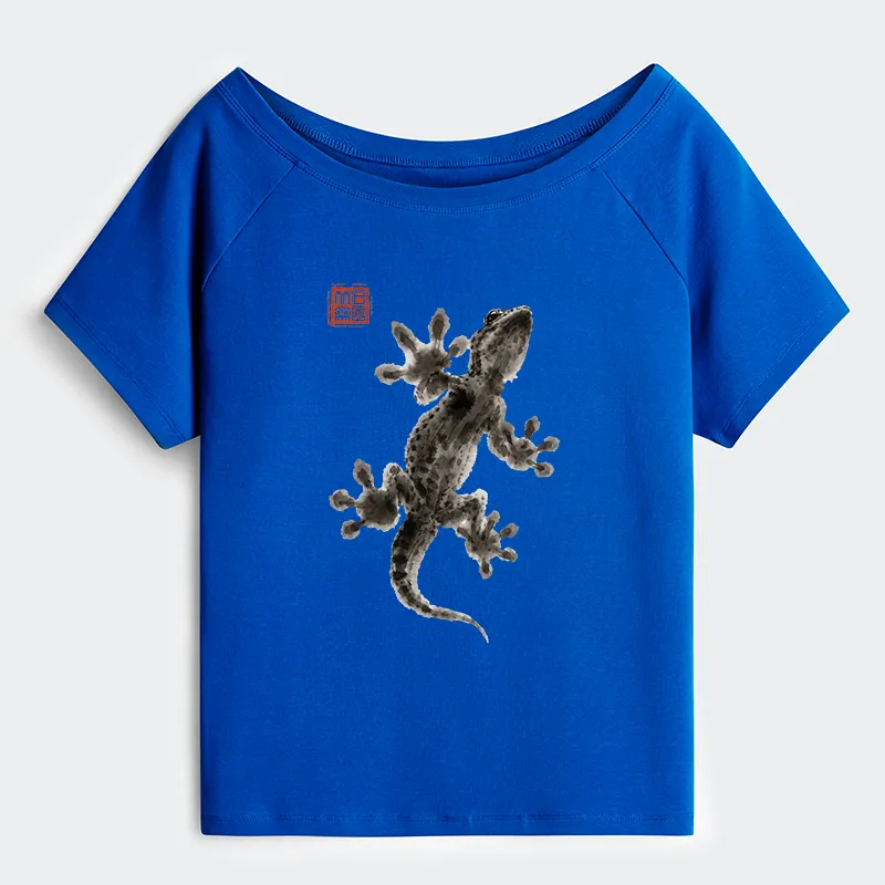 Tokyo-Tiger Minimal Asian Ink Brush Gecko Vibe Off Shoulder T-Shirt