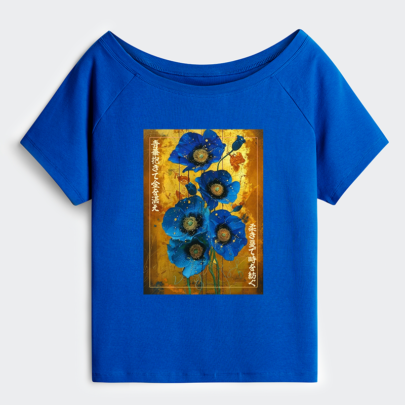 Tokyo-Tiger Shiny Blue Flower Warm Golden Background Off Shoulder T-Shirt