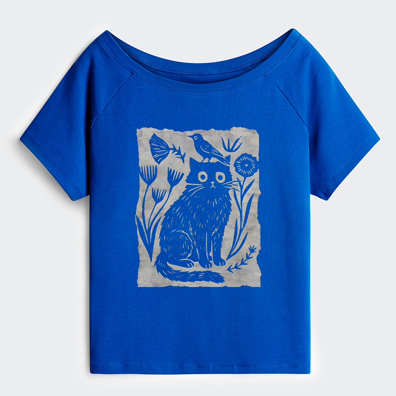 Tokyo-Tiger Folk Paper Cut Cat Bird Floral Art Off Shoulder T-Shirt