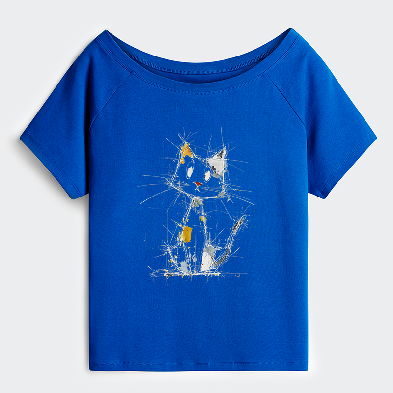 Tokyo-Tiger Minimal Splash Ink Cute Cat Off Shoulder T-Shirt