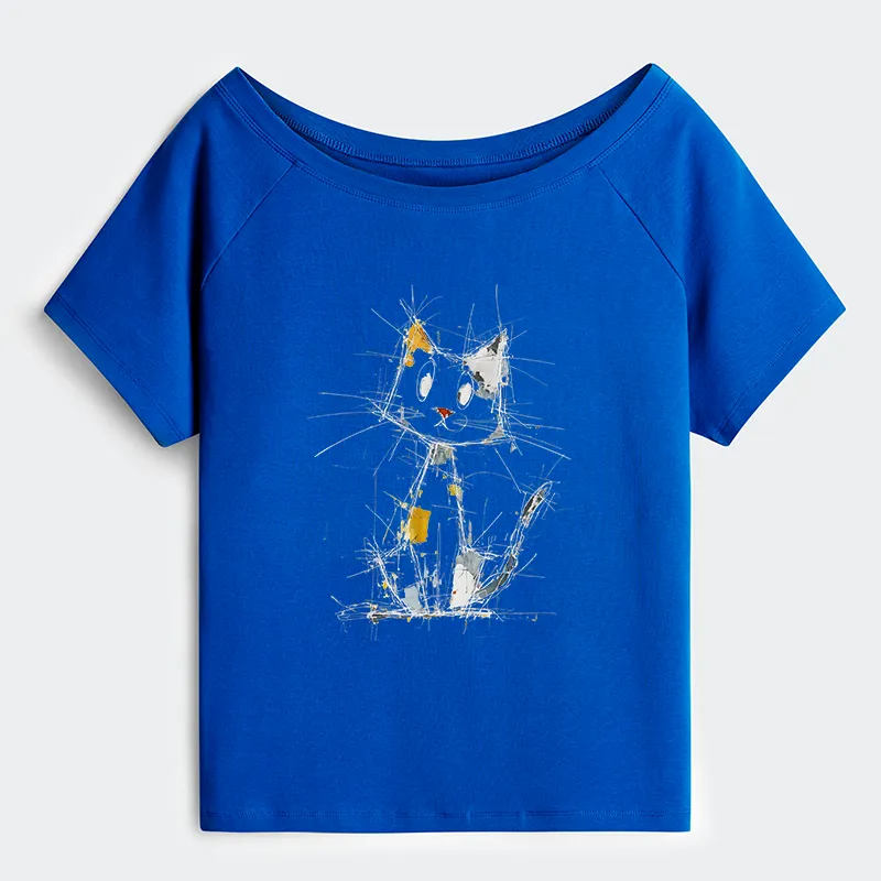 Tokyo-Tiger Minimal Splash Ink Cute Cat Off Shoulder T-Shirt
