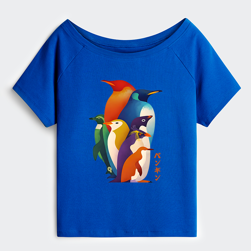 Tokyo-Tiger Cute Multi Tone Penguins Off Shoulder T-Shirt