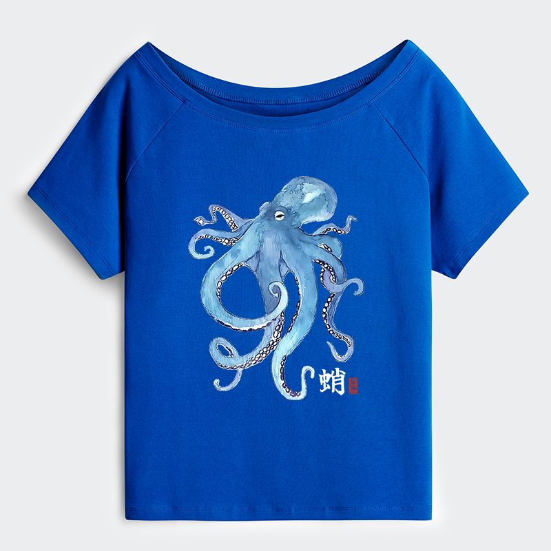 Tokyo-Tiger Watercolor Blue Octopus Off Shoulder T-Shirt