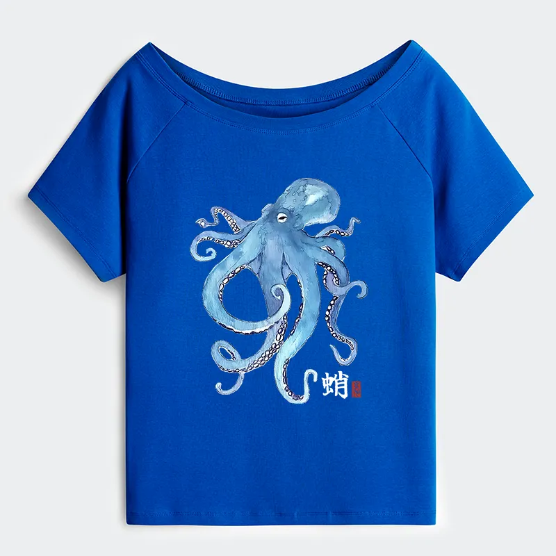 Tokyo-Tiger Watercolor Blue Octopus Off Shoulder T-Shirt
