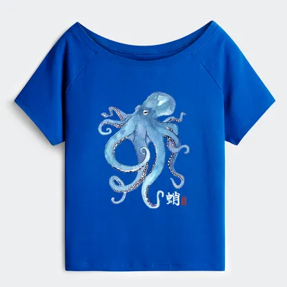 Tokyo-Tiger Watercolor Blue Octopus Off Shoulder T-Shirt