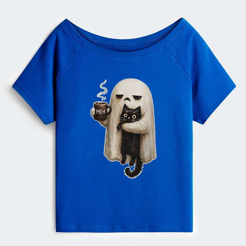 Tokyo-Tiger Ghost Cat Coffee Mood Off Shoulder T-Shirt