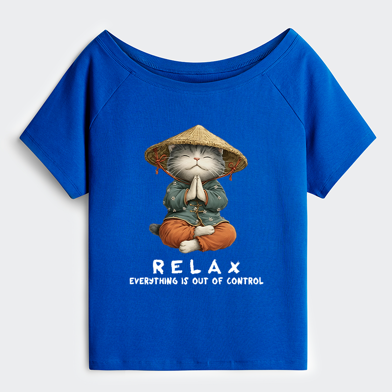 Tokyo-Tiger Zen Relax Cat Graphic Off Shoulder T-Shirt