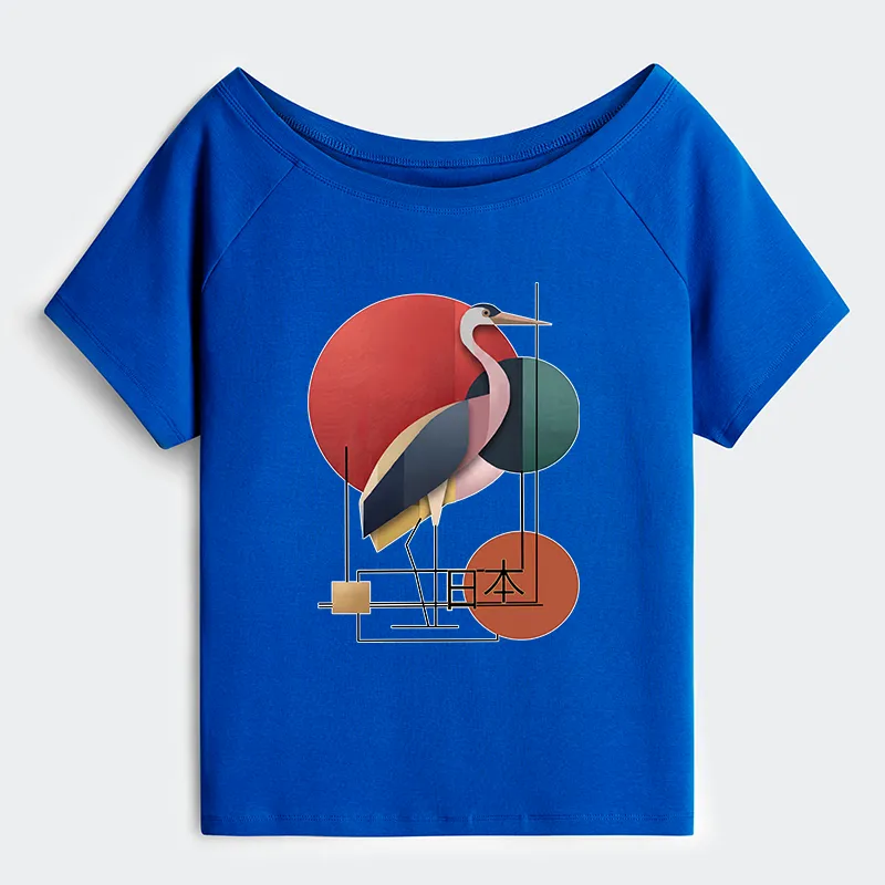 Tokyo-Tiger Geometric Crane Art Off Shoulder T-Shirt
