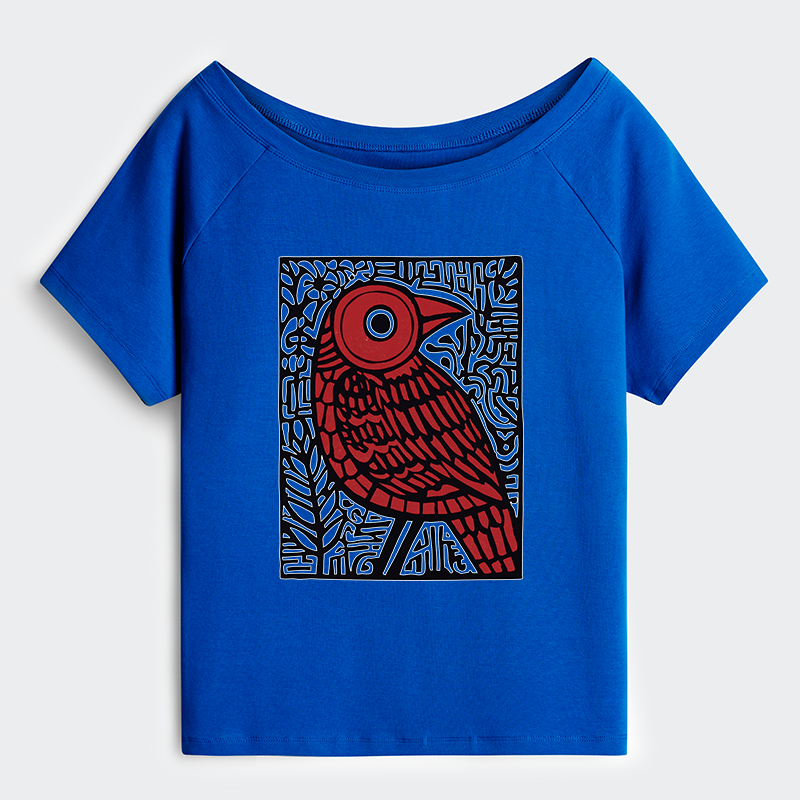 Tokyo-Tiger Retro Woodblock Bird Off Shoulder T-Shirt