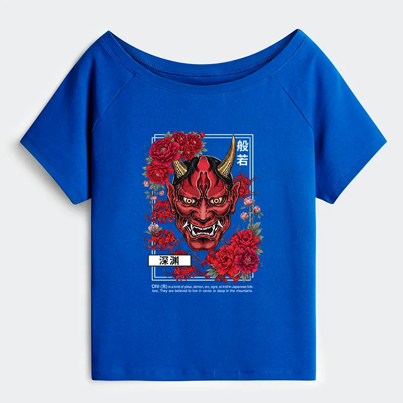 Tokyo-Tiger Cool Oni Floral Art Off Shoulder T-Shirt