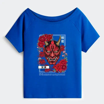 Tokyo-Tiger Cool Oni Floral Art Off Shoulder T-Shirt