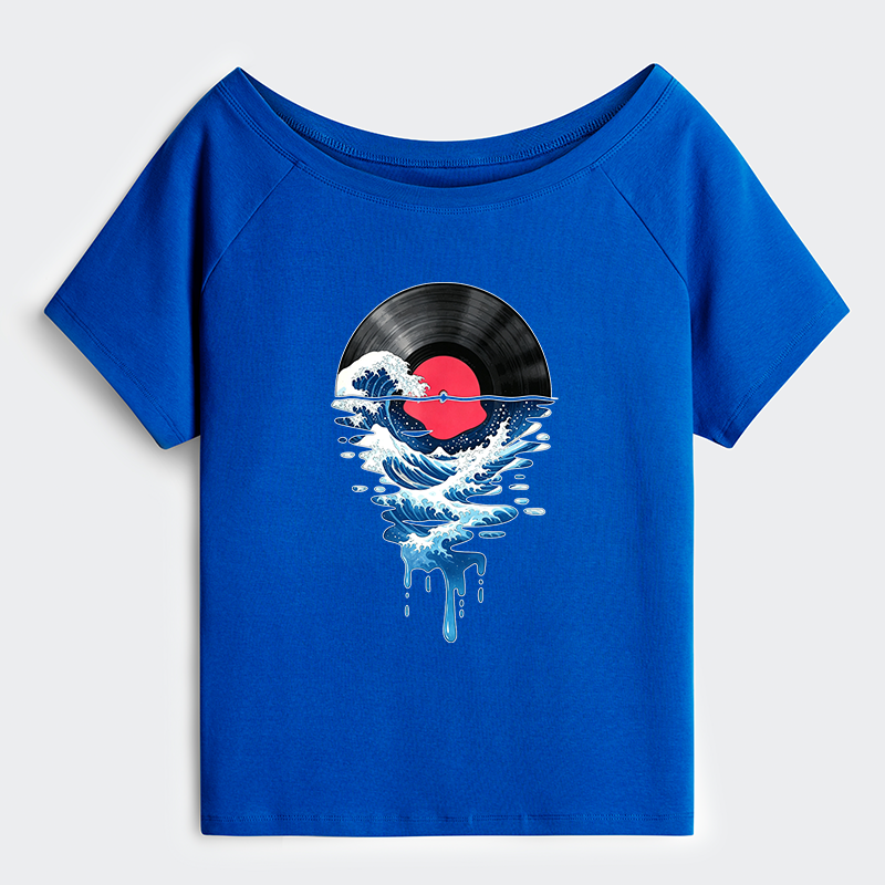 Tokyo-Tiger Vinyl Records And Waves Off Shoulder T-Shirt