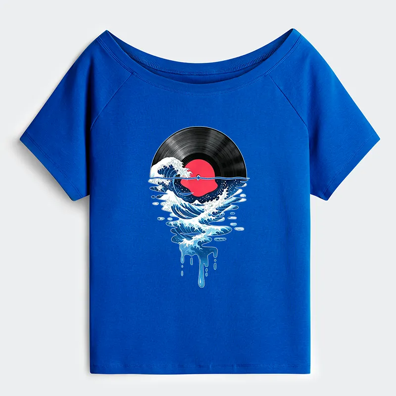Tokyo-Tiger Vinyl Records And Waves Off Shoulder T-Shirt