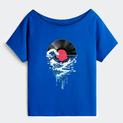 Tokyo-Tiger Vinyl Records And Waves Off Shoulder T-Shirt